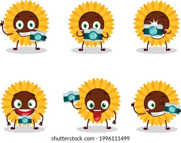 Photographer profession emoticon with sunflower cartoon character. Vector illustration