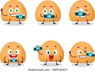 Photographer profession emoticon with sweet cookies cartoon character. Vector illustration