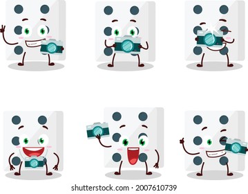 Photographer profession emoticon with white dice cartoon character. Vector illustration