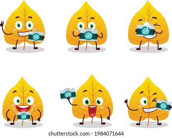 Photographer profession emoticon with yellow dried leaves cartoon character. Vector illustration