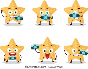 Photographer profession emoticon with yellow starfish cartoon character