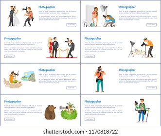 Photographer profession and hobby banners. Wedding day, red carpet, landscape or animal portrait, model at studio, still life vector illustrations.