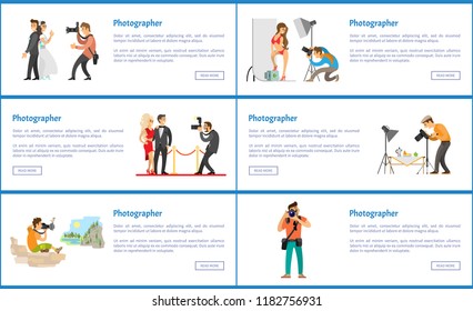 Photographer profession and hobby banners. Wedding day, red carpet, landscape or animal portrait, model at studio, still life vector illustrations.