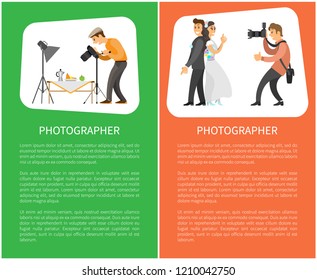Photographer profession and hobby bright banners set. Still life picture and wedding couple photo, men taking picture with camera vector illustration.