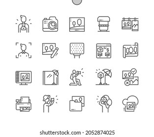 Photographer. Profession and hobby. Photo editing. Camera and equipment. Pixel Perfect Vector Thin Line Icons. Simple Minimal Pictogram