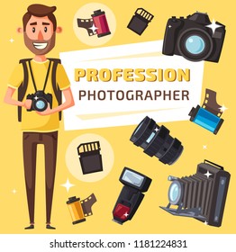 Photographer profession, photography professional equipment. Journalist or paparazzi with digital photo camera, lens and tripod, flash, photo film and memory card, vector cartoon style