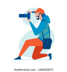 Photographer with professional camera. Man takes a picture. Vector illustration of a men with device for photo.