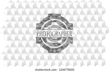 Photographer realistic grey emblem with geometric cube white background