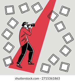 Photographer in red jacket taking picture surrounded by empty square frames camera photography