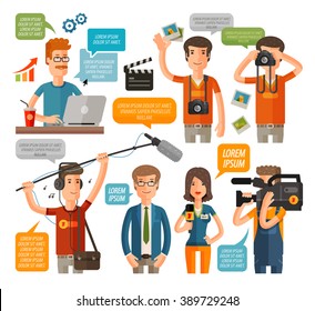 photographer and reporter, television, journalism flat icons set