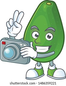 Photographer ripe avocado fruit on cartoon character