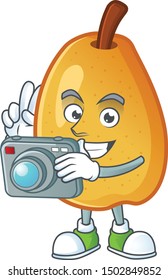 Photographer ripe fragrant pear fruit cartoon character