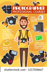 Photographer school or profession photography courses advertisement poster. Vector cartoon design of c man with photography equipment camera, optic lens and photo films or shoot flash