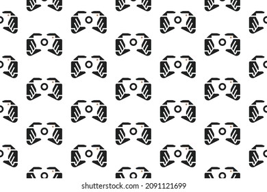 Photographer Seamless Pattern Design. Vector Pattern Template. Repeating geometric pattern illustration of two hands holding a DSLR camera in a negative effect. An emblem representing quality portrait