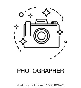 Photographer services isolated outline icon vector. Photo camera with flashlight, digital device with lens and zoom, taking pictures of events. Wedding or birthday shooting, making photographs