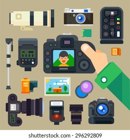 Photographer Set. Digital Camera And Various Devices For Professional Photography. Vector Flat Illustration