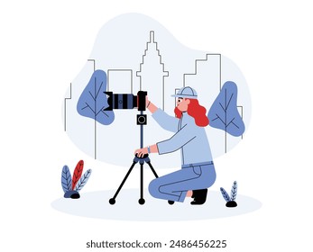 Photographer setting the camera for satisfactory image results, vector illustration.