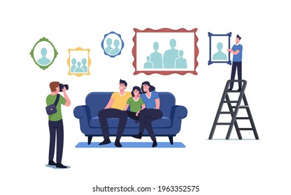Photographer Shoot Family Sitting on Couch. Happy Relatives Mother, Father and Child Characters Posing for Photo Album in Living Room with Pictures Hanging on Wall. Cartoon People Vector Illustration