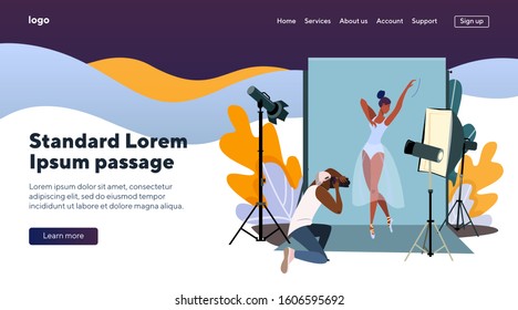 Photographer shooting ballerina. Man taking photos of dancing model flat vector illustration. Photoshoot and modeling concept for banner, website design or landing web page