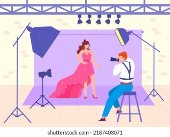 Photographer Shooting Model. Casting Photo Models In Spotlight Photography Studio Interior, Shoot Session Fashion Portrait Camera Action At Background, Vector Illustration. Photographer Take Photo