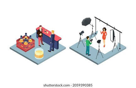 Photographer Shooting Model in Studio with Camera and Male Friends at Bar Drinking Alcohol Isometric Vector Set