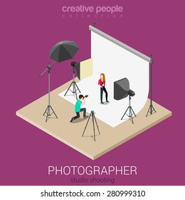 Photographer shooting model in studio flat isometric 3d style vector illustration.
Creative people collection.