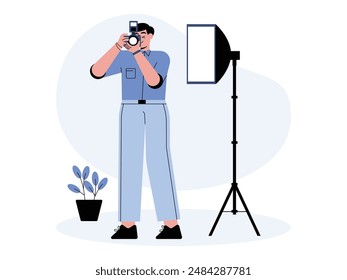 Fotograf fotografiert mit moderner Kamera in seinem Fotostudio, Vektorillustration.