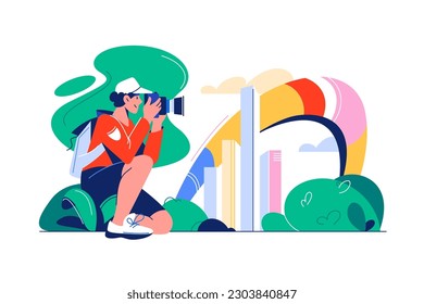 Photographer shooting rainbow, vector illustration. Professional photographer in city landscape.