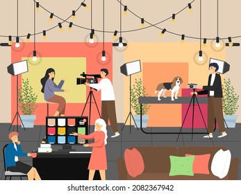 Photographer shooting young girl and cute pet dog with professional camera. Photoshoot in studio, vector illustration.