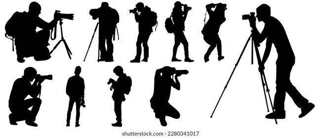 photographer silhouette vector collection. paparazzi, photography, vector, studio, camera, people, illustration, white, 