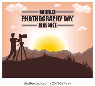 Photographer silhouetted against a scenic sunrise scenery, commemorating World Photography Day celebrated on August 19. Flat vector modern illustration 