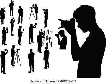 Photographer silhouettes collection with close up camera operator and multiple shooting poses isolated on white background for creative use.eps
