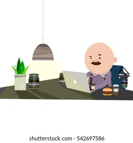 The photographer sits behind a desk and process photographs on the computer. Vector illustration isolated on white background.