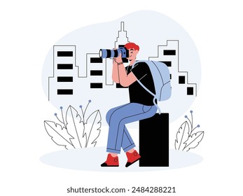 Photographer sits to take pictures in the suburbs comfortably, vector illustration.