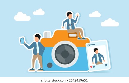 fotógrafo sentado na câmera enquanto outros tomam selfie ou vlog perto da câmera e da mídia social foto post ilustração de conteúdo atualizado para marca pessoal