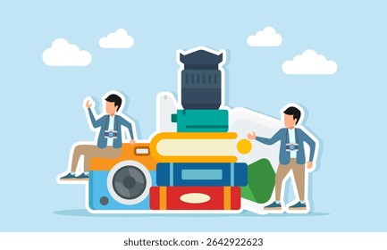 Fotógrafo sentado em uma câmera enquanto outro está perto de uma pilha de livros de galeria de fotos e ilustração de câmera de compartilhar tempo para expandir conhecimento e atualizações de habilidades de fotografia