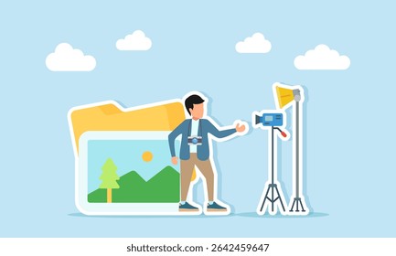 Photographer standing in front of gallery album folder near standing lamp and camera illustration of setting up location for photo or video shoot