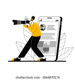 The photographer is standing with a large camera against the background of a mobile phone with his profile. Vector illustration on the topic of social networking and photo creation.