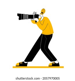 The photographer is standing with a large camera. Vector illustration of photo art and creation of visual content.