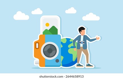 photographer standing near a camera photo and globe illustration of stock photo with nature theme