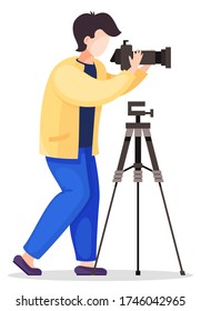 Photographer is standing near the professional tripod and taking picture. Cartoon photographer is holding photo camera and photographing. Vector flat design illustration isolated on white background