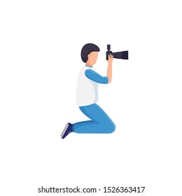 Photographer standing on his knees and holding professional camera. Young man take a photo shot. Male cartoon character. Colorful vector illustration