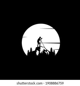 photographer standing on top of mountain. exploration, hiking, adventure tourism and travel. Flat vector illustration
