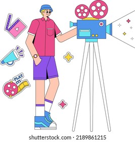 A Photographer Standing preparing his camera with stand to take a video in 90's style