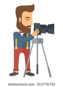 A Photographer Standing preparing his camera with stand to take a picture. A Contemporary style. Vector flat design illustration isolated white background. Vertical layout