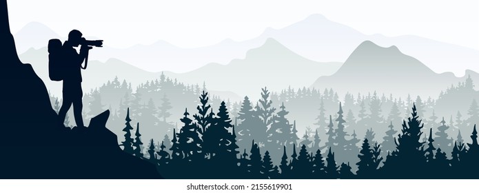 Photographer stands on top of rock take picture of landscape. Mountains and forest in background. Silhouette illustration. 
