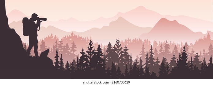 Photographer stands on top of rock take picture of landscape. Mountains and forest in background. Silhouette illustration. 