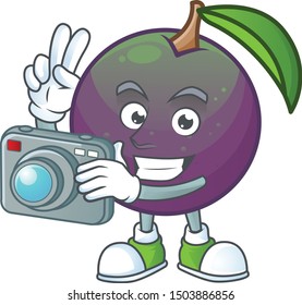 Photographer star apple fruit shape character mascot.
