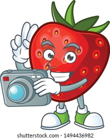 Photographer strawberry fruit mascot for cartoon character