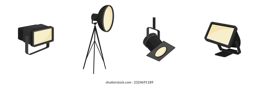 Photographer Studio Lighting Equipment with Spotlight and Lamp Vector Set